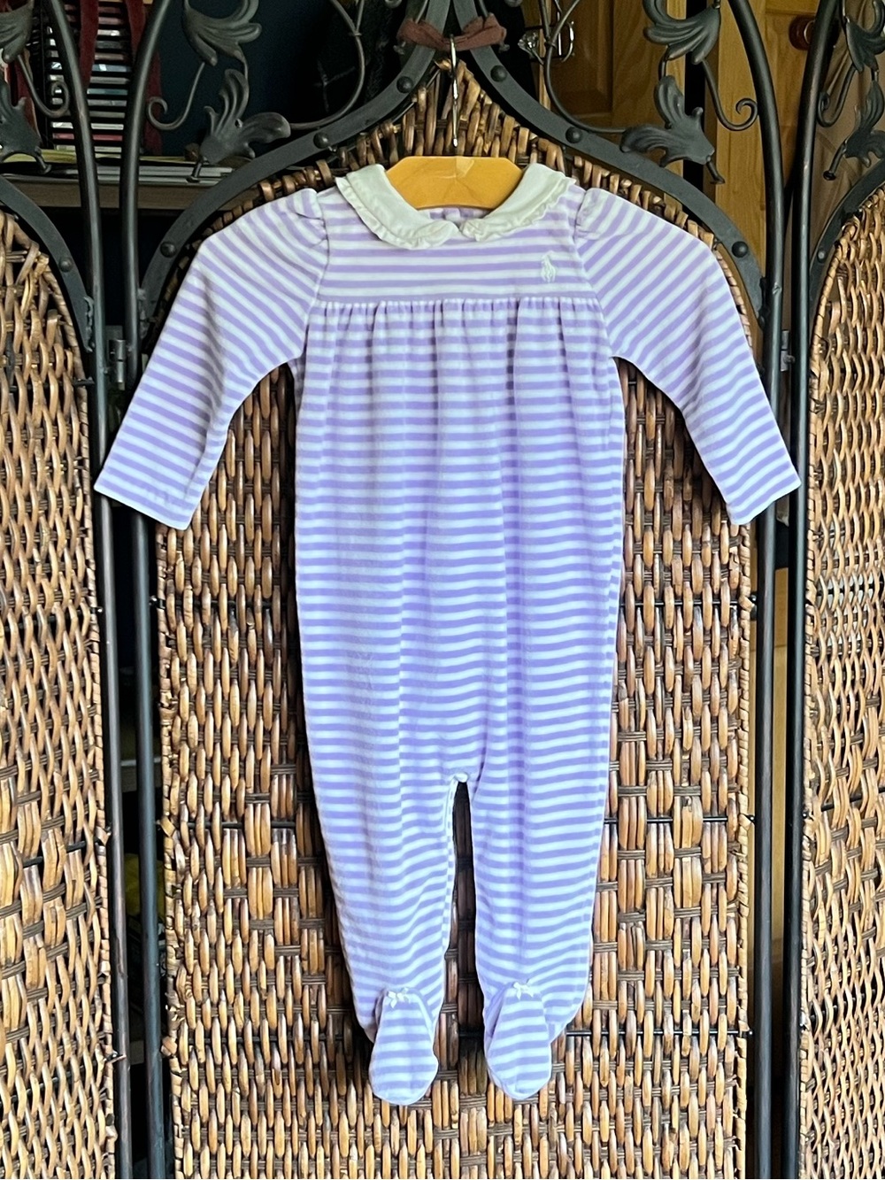 9M Ralph Lauren Cotton Blend Velvet Striped Footie Pajamas